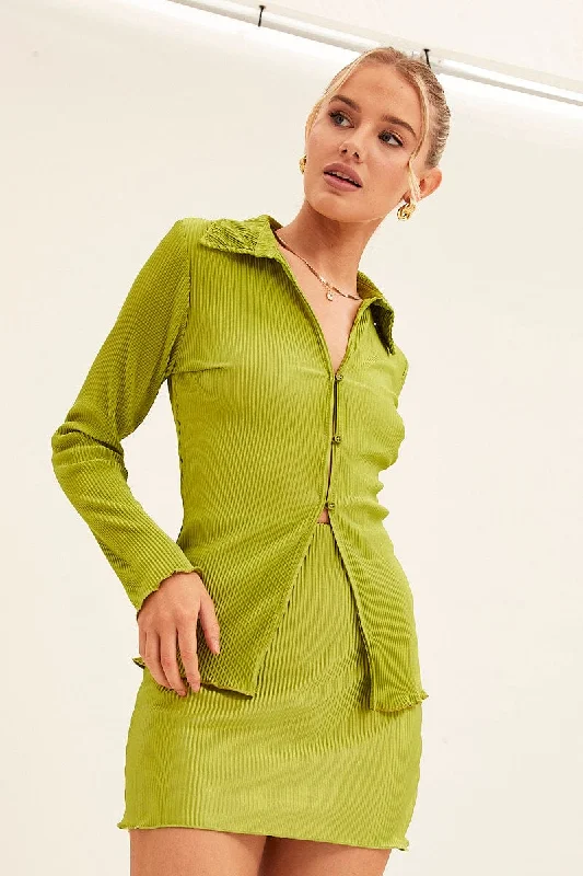 Green Plisse Shirt Long Sleeve Button Front Satin