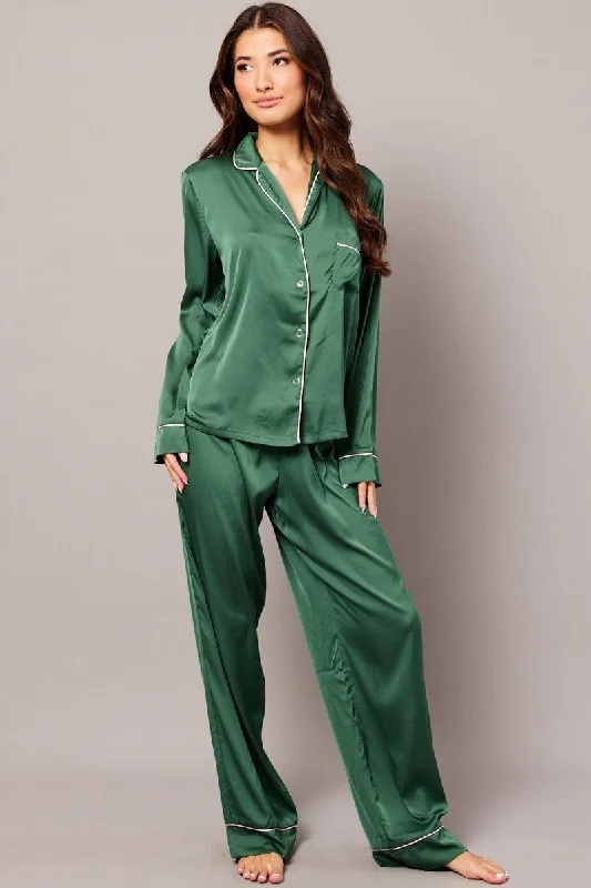 Green Satin Pyjama Contrast Piping Long Leg Pj Set