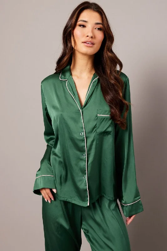 Green Satin Pyjama Contrast Piping Long Leg Pj Set