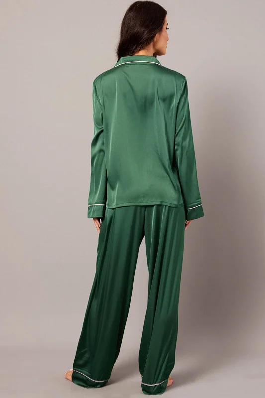 Green Satin Pyjama Contrast Piping Long Leg Pj Set