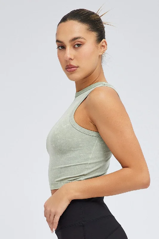 Green Tank Top Crew Neck Washed Seamless