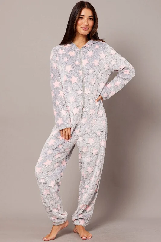 Grey Print Fluffy Pyjama Onesie Star Fleece Nightwear PJ