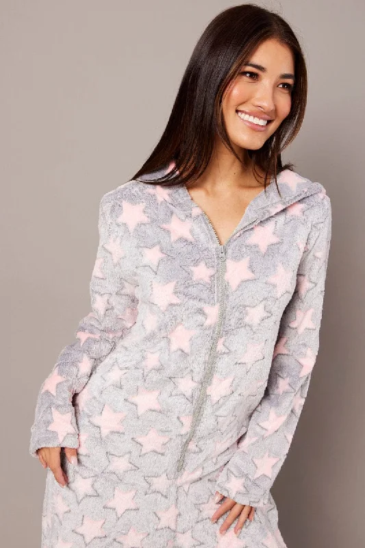 Grey Print Fluffy Pyjama Onesie Star Fleece Nightwear PJ