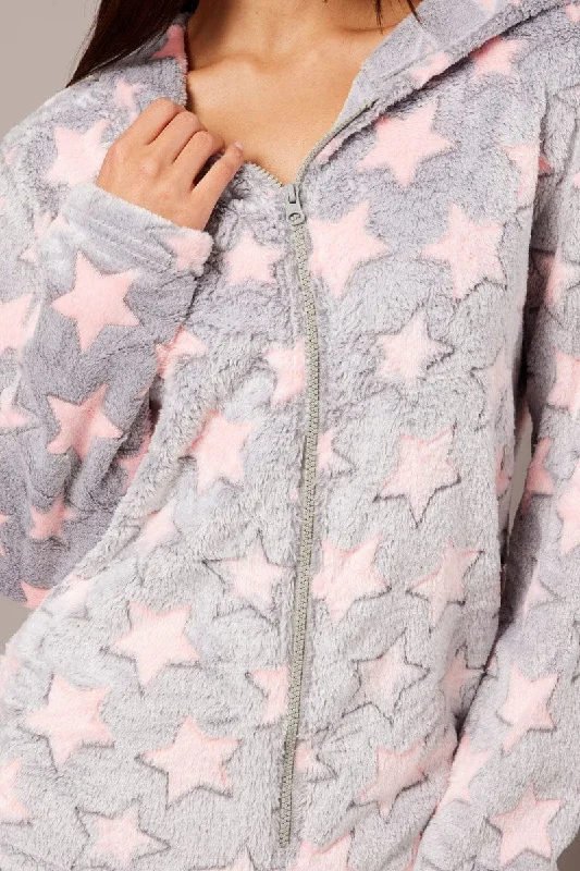 Grey Print Fluffy Pyjama Onesie Star Fleece Nightwear PJ