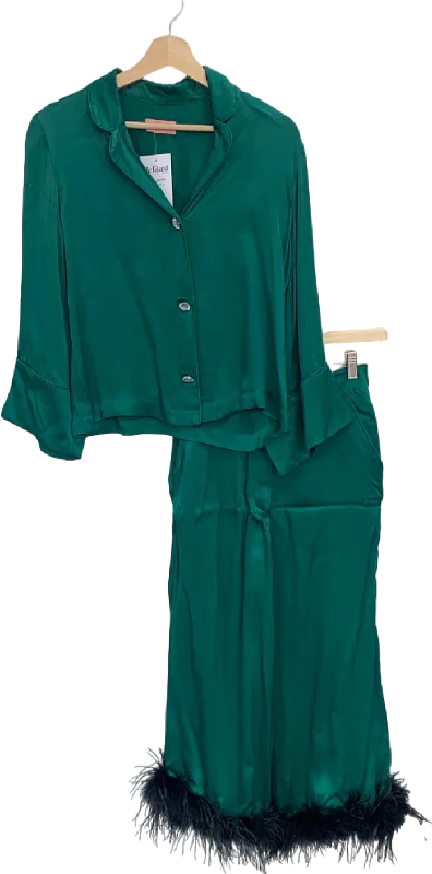 Kitri Green Satin Pyjamas with Feather Trim UK 8