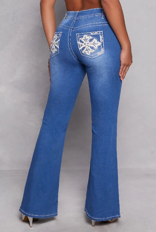 VIP Rhinestone Embroidered Pocket Flare Jeans