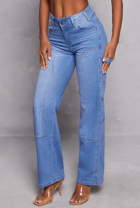 Whiskered High Waist Straight Leg Jeans