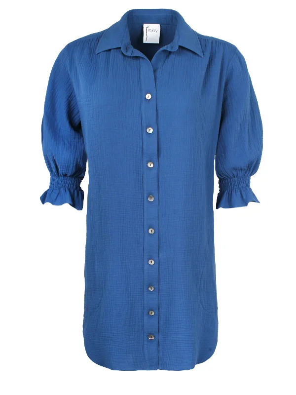 Miller Puff Sleeve Bright Blue Double Gauze Shirt Dress