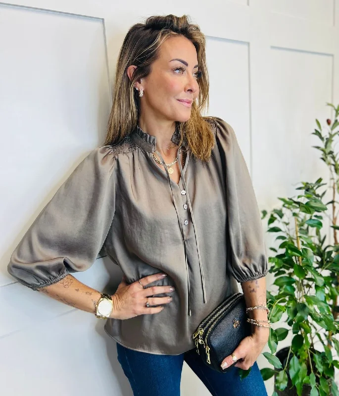 Mocha Tie Neck Popover Blouse