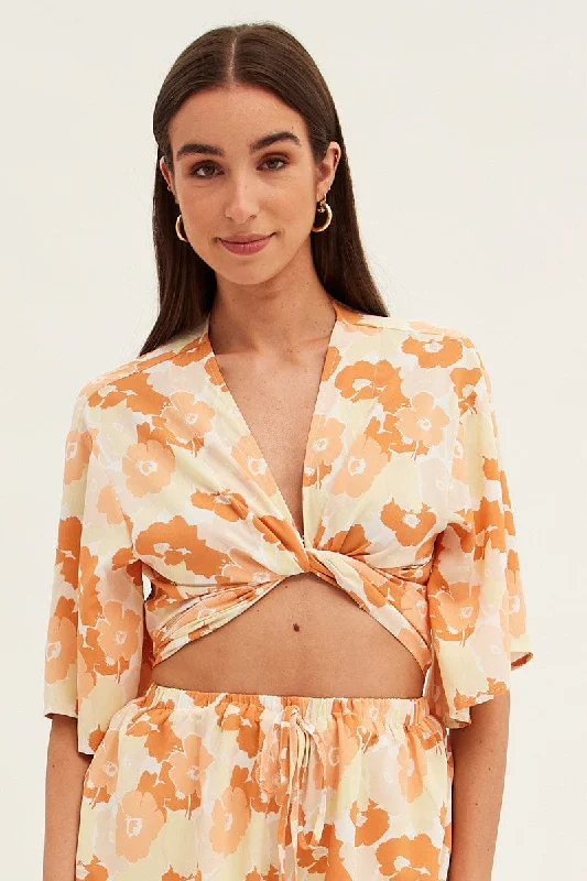 Orange Floral Bolero Top Tie Front Floral Print