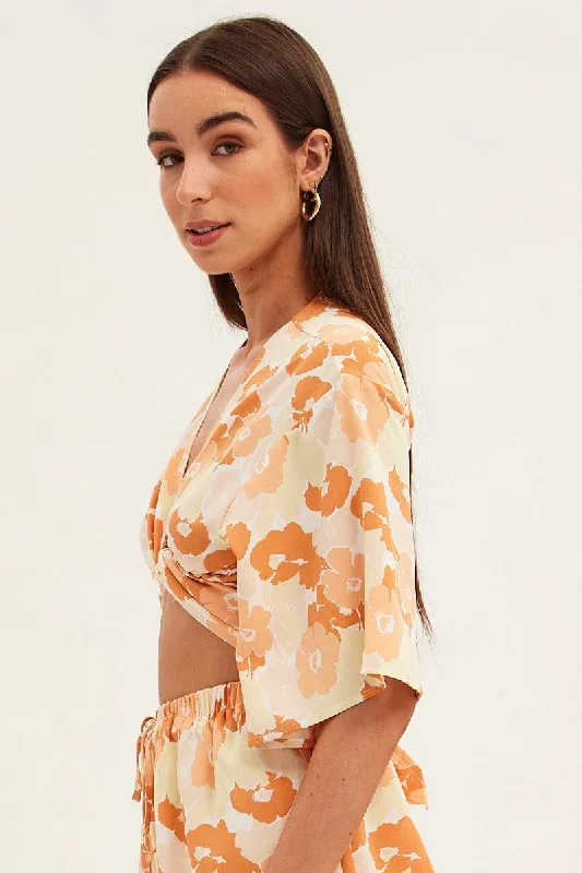 Orange Floral Bolero Top Tie Front Floral Print