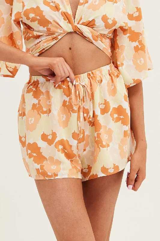 Orange Floral Mini Short Elastic Waist Floral Print