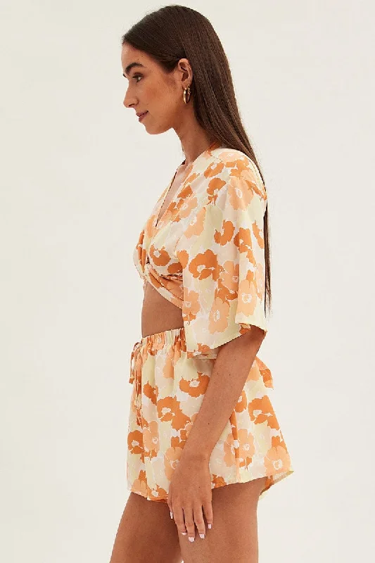 Orange Floral Mini Short Elastic Waist Floral Print