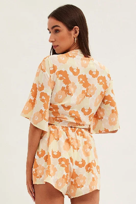 Orange Floral Mini Short Elastic Waist Floral Print