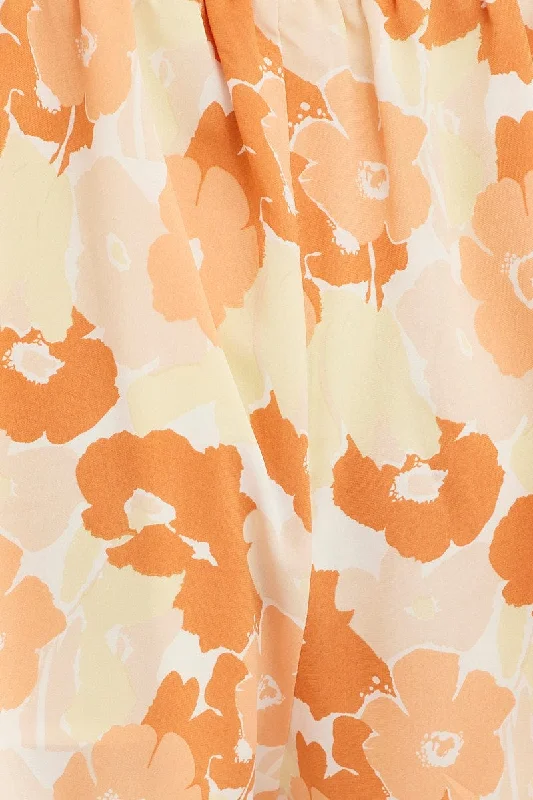 Orange Floral Mini Short Elastic Waist Floral Print