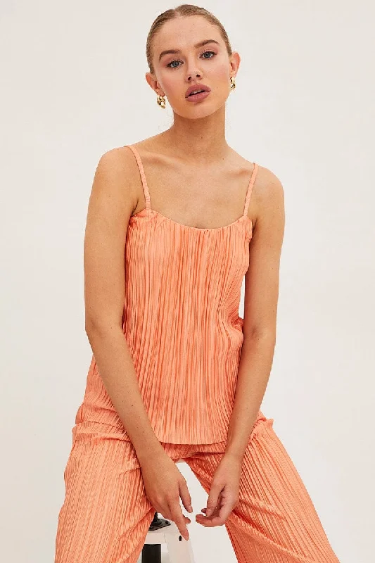 Orange Plisse Cami Sleeveless Scoop Neck