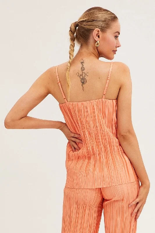 Orange Plisse Cami Sleeveless Scoop Neck