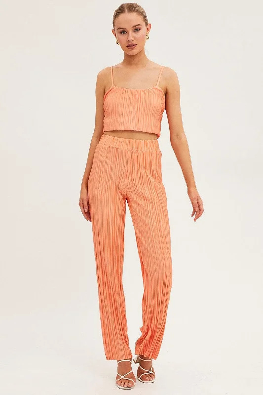 Orange Plisse Pants Wide Leg