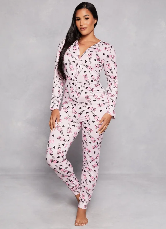 Champagne Print Button Front Onesie Pajamas