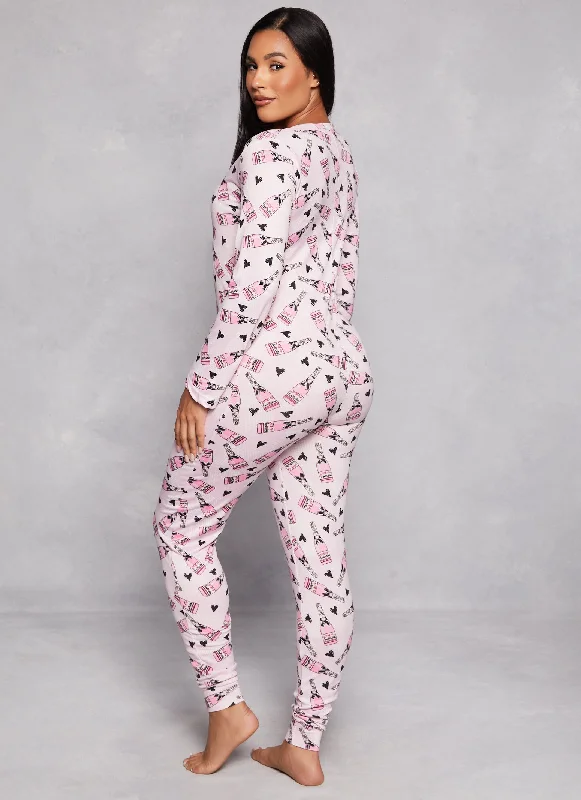 Champagne Print Button Front Onesie Pajamas