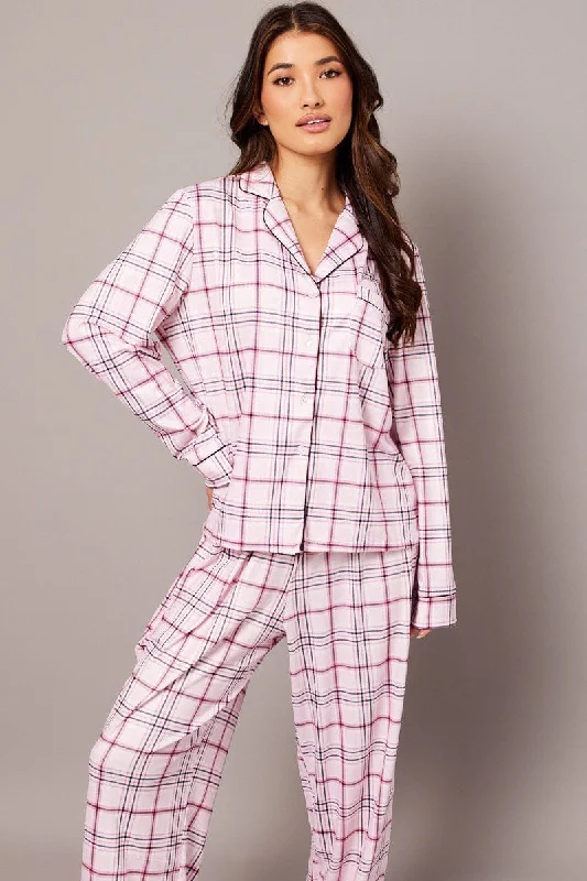 Pink Check PJ Set Jersey Long Leg Piping Pyjama