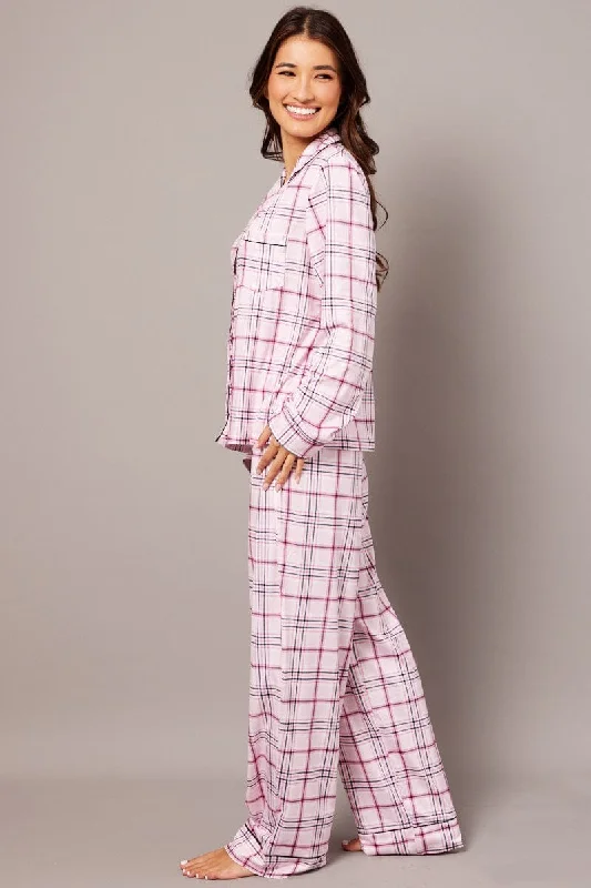 Pink Check PJ Set Jersey Long Leg Piping Pyjama