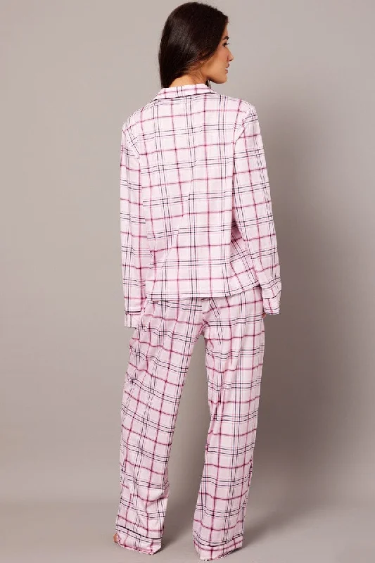 Pink Check PJ Set Jersey Long Leg Piping Pyjama