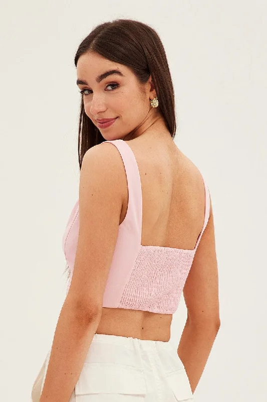 Pink Corset Top Shirred Back Sleeveless Crop Jersey