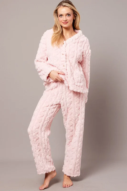 Pink Fluffy PJ Set Cable Fleece Pyjamas