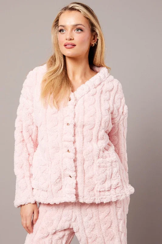 Pink Fluffy PJ Set Cable Fleece Pyjamas