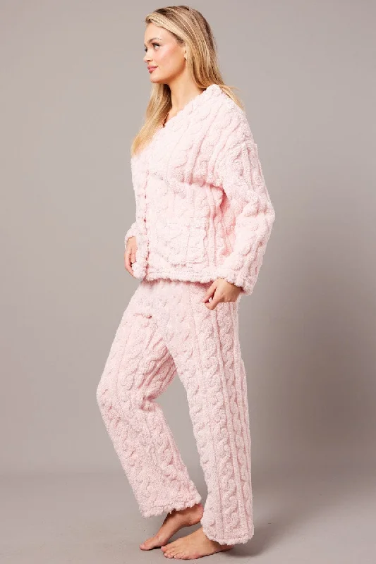 Pink Fluffy PJ Set Cable Fleece Pyjamas