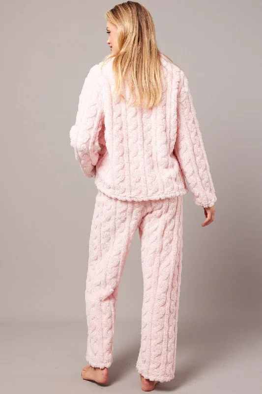 Pink Fluffy PJ Set Cable Fleece Pyjamas