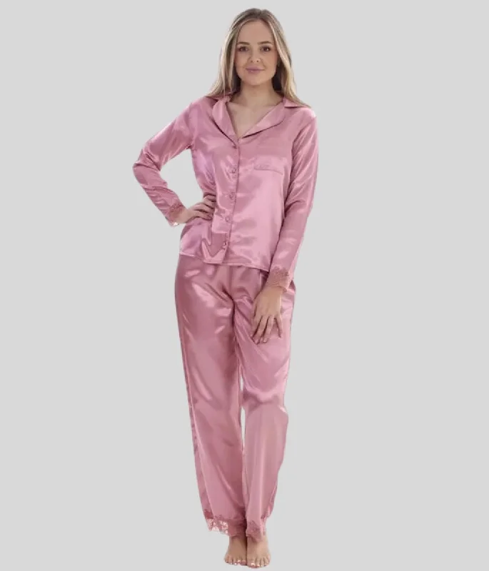 Pink Lace Trim Satin Pyjamas