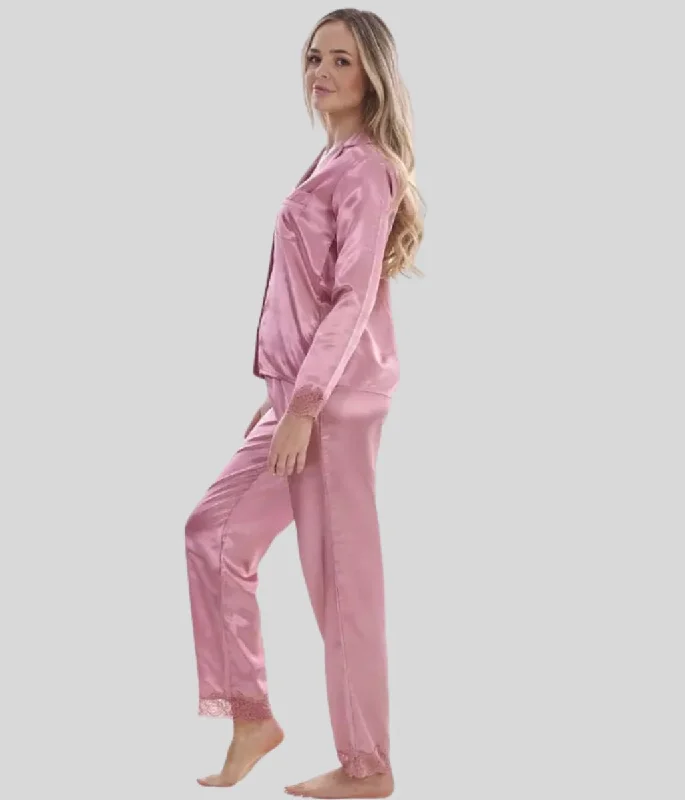 Pink Lace Trim Satin Pyjamas