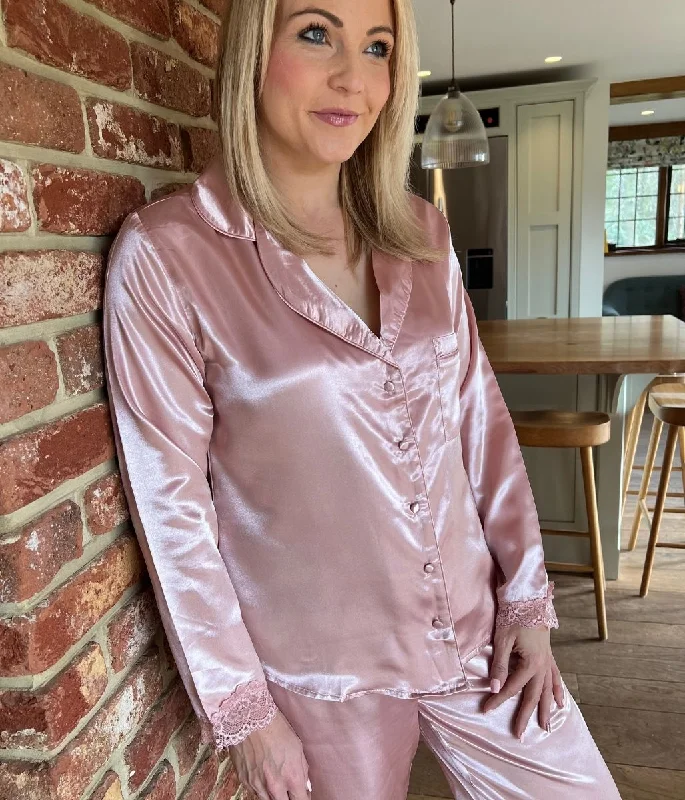 Pink Lace Trim Satin Pyjamas