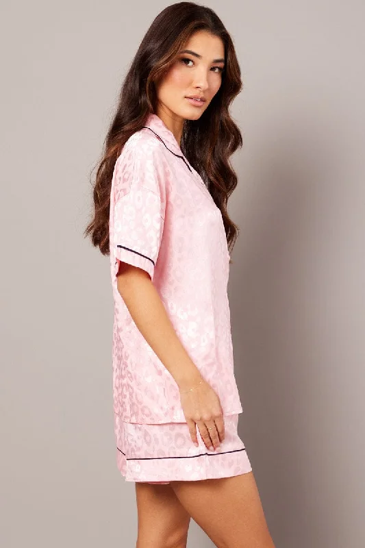 Pink Pyjama Set Leopard Jacquard Piping Satin PJ