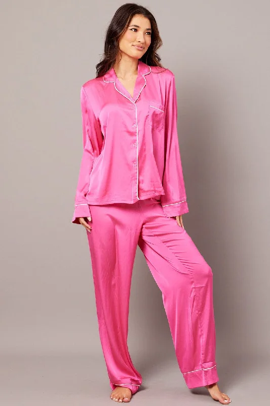 Pink Satin Pyjama Contrast Piping Long Leg Pj Set