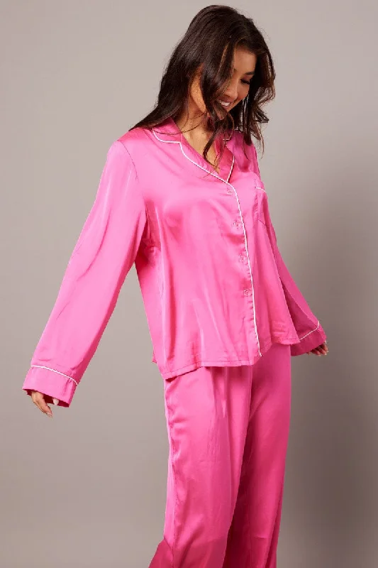 Pink Satin Pyjama Contrast Piping Long Leg Pj Set