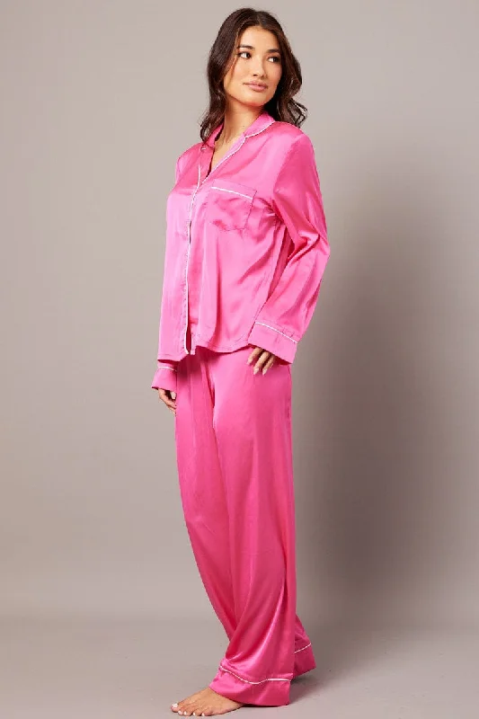 Pink Satin Pyjama Contrast Piping Long Leg Pj Set