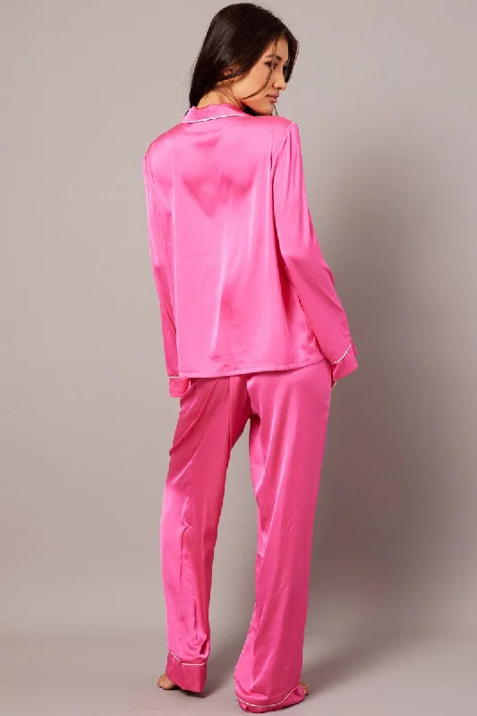 Pink Satin Pyjama Contrast Piping Long Leg Pj Set