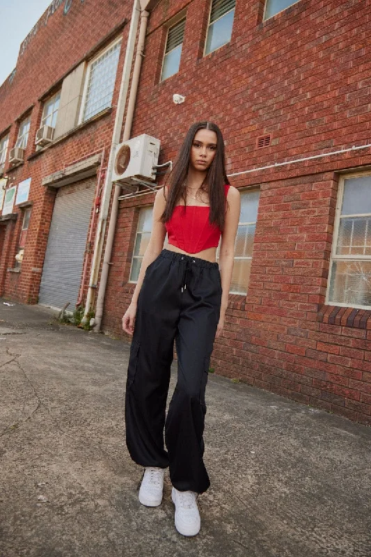 Red Corset Top Sleeveless Square Neck Crop Structured