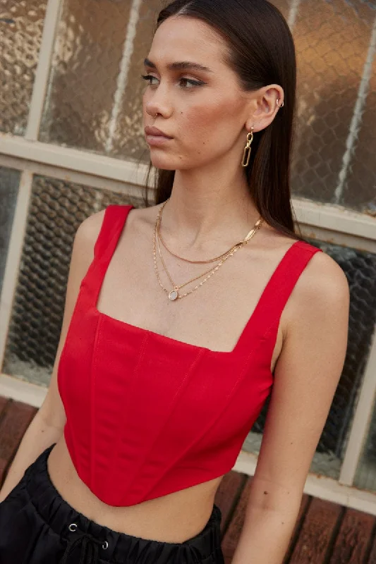 Red Corset Top Sleeveless Square Neck Crop Structured