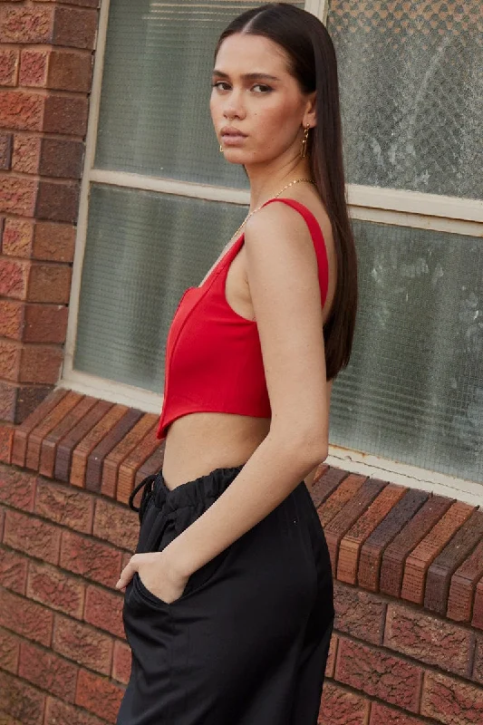 Red Corset Top Sleeveless Square Neck Crop Structured