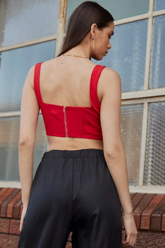 Red Corset Top Sleeveless Square Neck Crop Structured