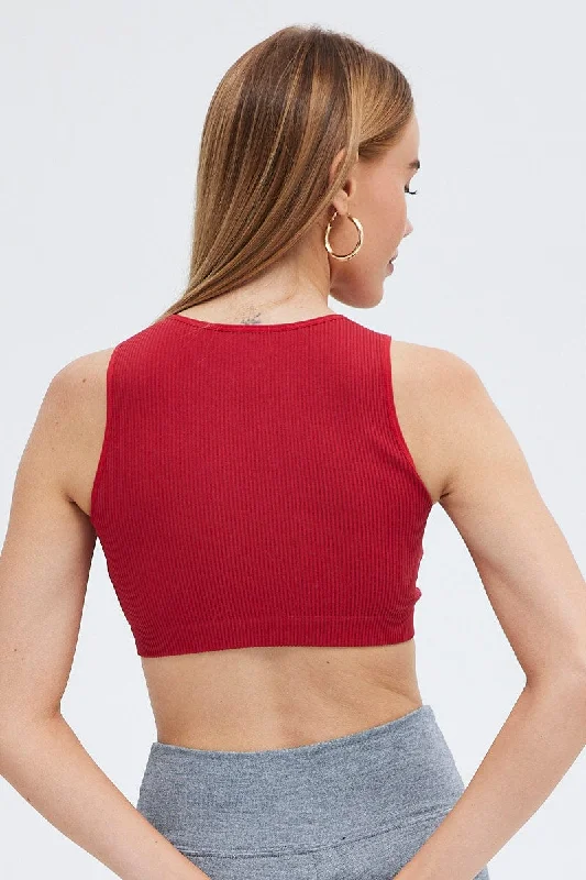 Red Crop Tank Top Crew Neck Seamless