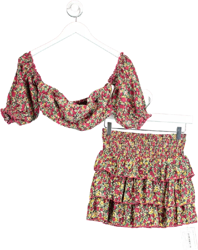 Red Cropped Cold Shoulder Top And Ruffle Skirt In Floral Print UK XS/S