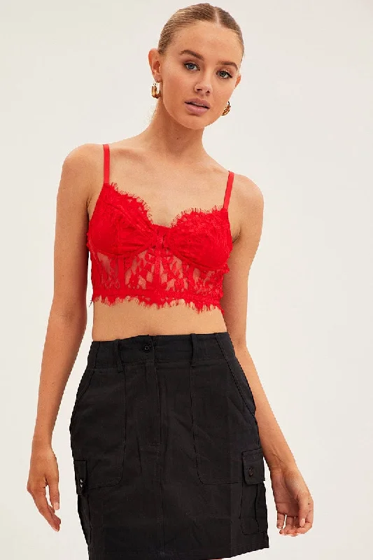 Red Floral Lace Corset Top