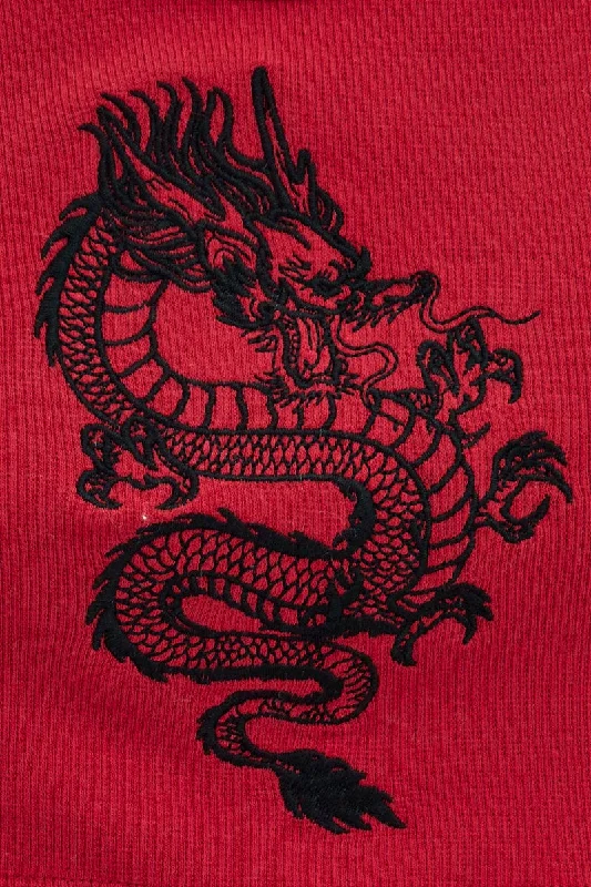 Red Rib Tank Top Dragon Embroidery