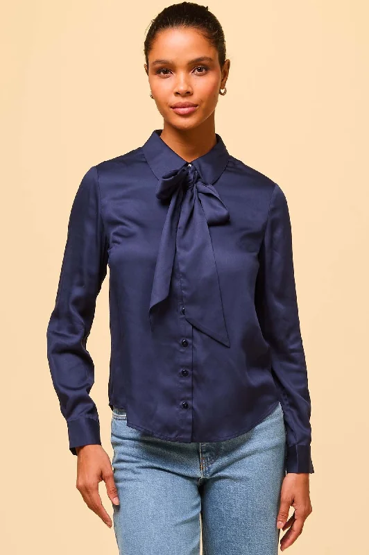 Satin Bow Blouse | Navy