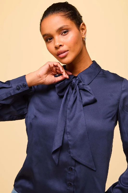 Satin Bow Blouse | Navy